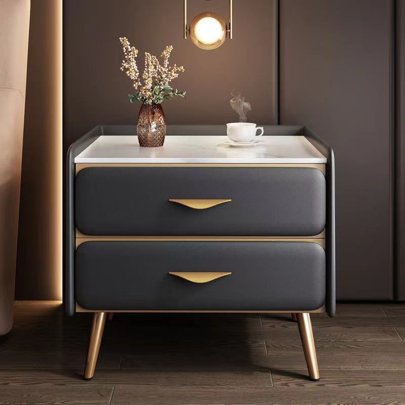 Contemporary Coastal Rectangular Rock Slab Solid Wood Metal Nightstand 2-Drawer For Bedroom