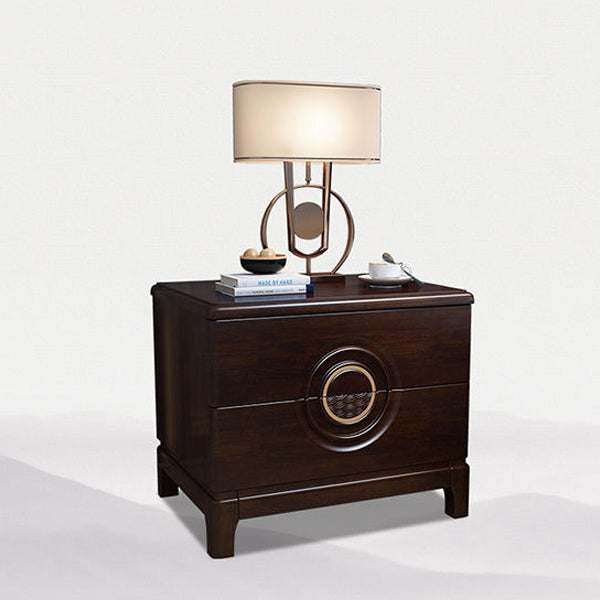Traditional Chinese Rectangular Solid Wood Metal 2-Drawer Nightstand For Bedroom