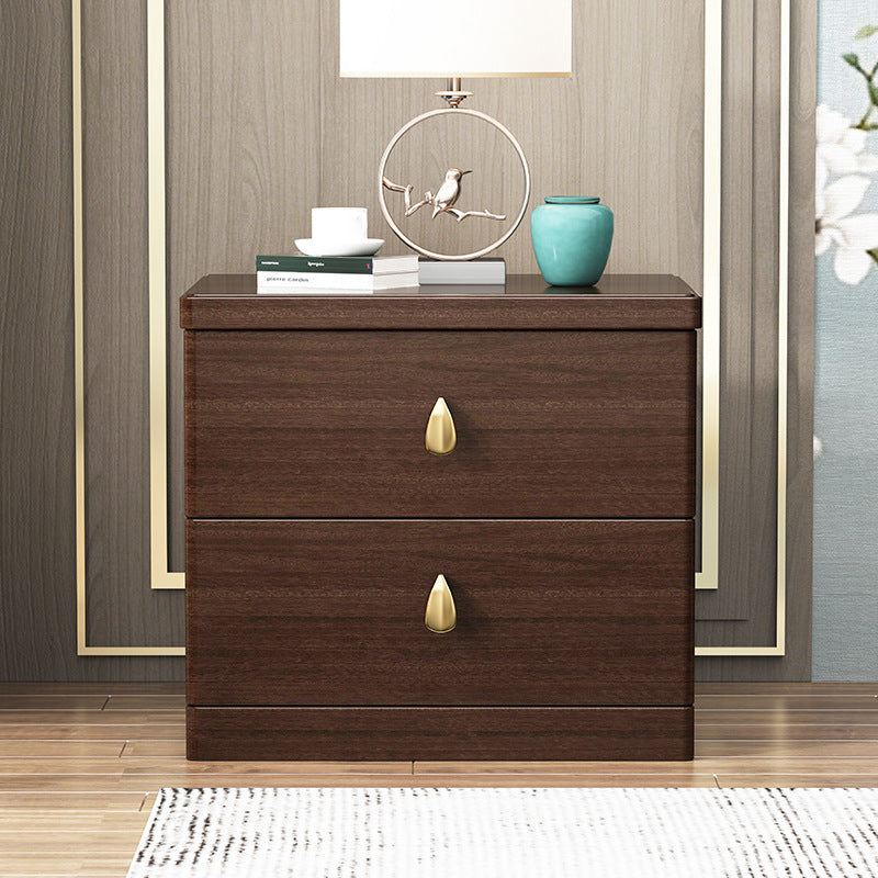 Traditional Chinese Rectangular Solid Wood Brass Nightstand 2-Drawer For Bedroom