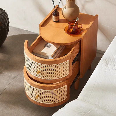 Traditional Japanese Oval Ash Rattan Nightstand 2-Drawer For Bedroom