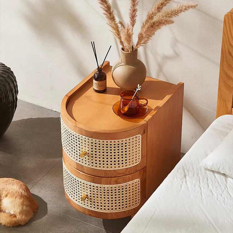 Traditional Japanese Oval Ash Rattan Nightstand 2-Drawer For Bedroom
