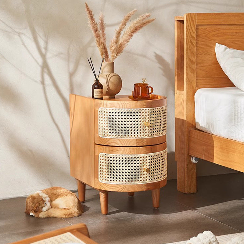 Traditional Japanese Oval Ash Rattan Nightstand 2-Drawer For Bedroom
