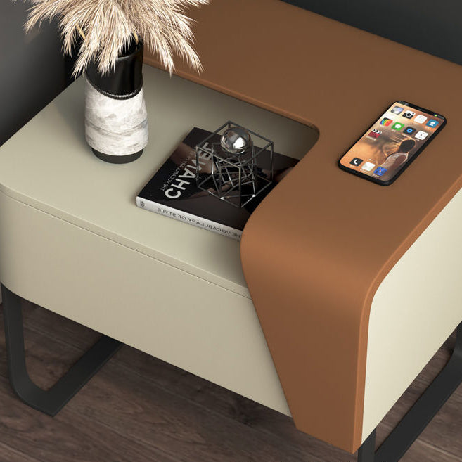 Modern Eclectic Rectangular Tabletop Solid Wood Carbon Steel 1-Drawer For Bedroom