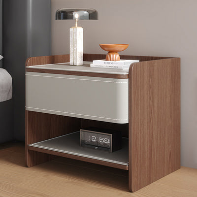 Contemporary Coastal Rectangular Solid Wood Saddle Leather Nightstand 1-Drawer For Bedroom