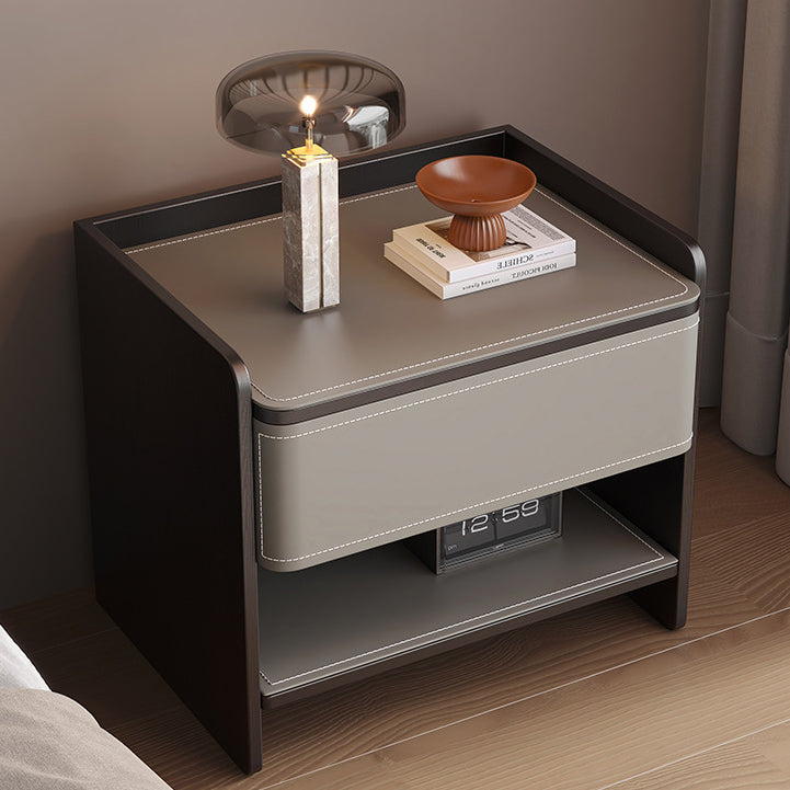 Contemporary Coastal Rectangular Solid Wood Saddle Leather Nightstand 1-Drawer For Bedroom