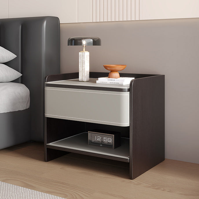 Contemporary Coastal Rectangular Solid Wood Saddle Leather Nightstand 1-Drawer For Bedroom