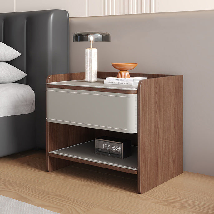 Contemporary Coastal Rectangular Solid Wood Saddle Leather Nightstand 1-Drawer For Bedroom