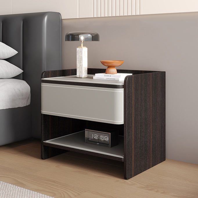 Contemporary Coastal Rectangular Solid Wood Saddle Leather Nightstand 1-Drawer For Bedroom
