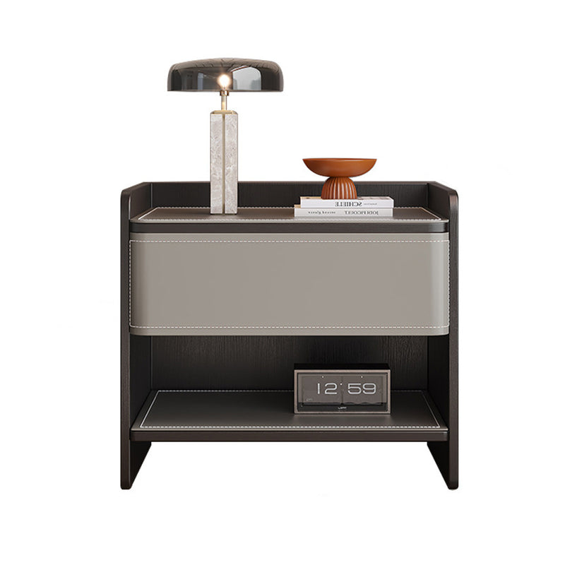 Contemporary Coastal Rectangular Solid Wood Saddle Leather Nightstand 1-Drawer For Bedroom