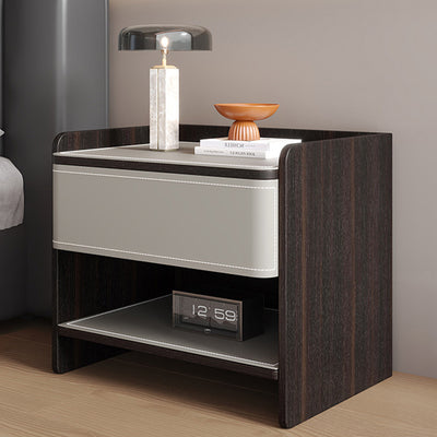 Contemporary Coastal Rectangular Solid Wood Saddle Leather Nightstand 1-Drawer For Bedroom