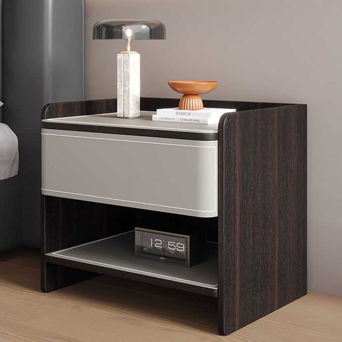 Contemporary Coastal Rectangular Solid Wood Saddle Leather Nightstand 1-Drawer For Bedroom