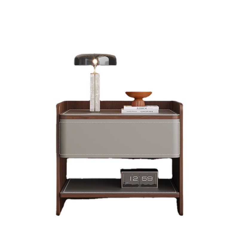 Contemporary Coastal Rectangular Solid Wood Saddle Leather Nightstand 1-Drawer For Bedroom