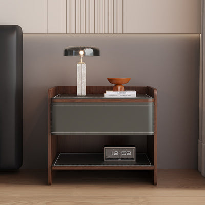 Contemporary Coastal Rectangular Solid Wood Saddle Leather Nightstand 1-Drawer For Bedroom
