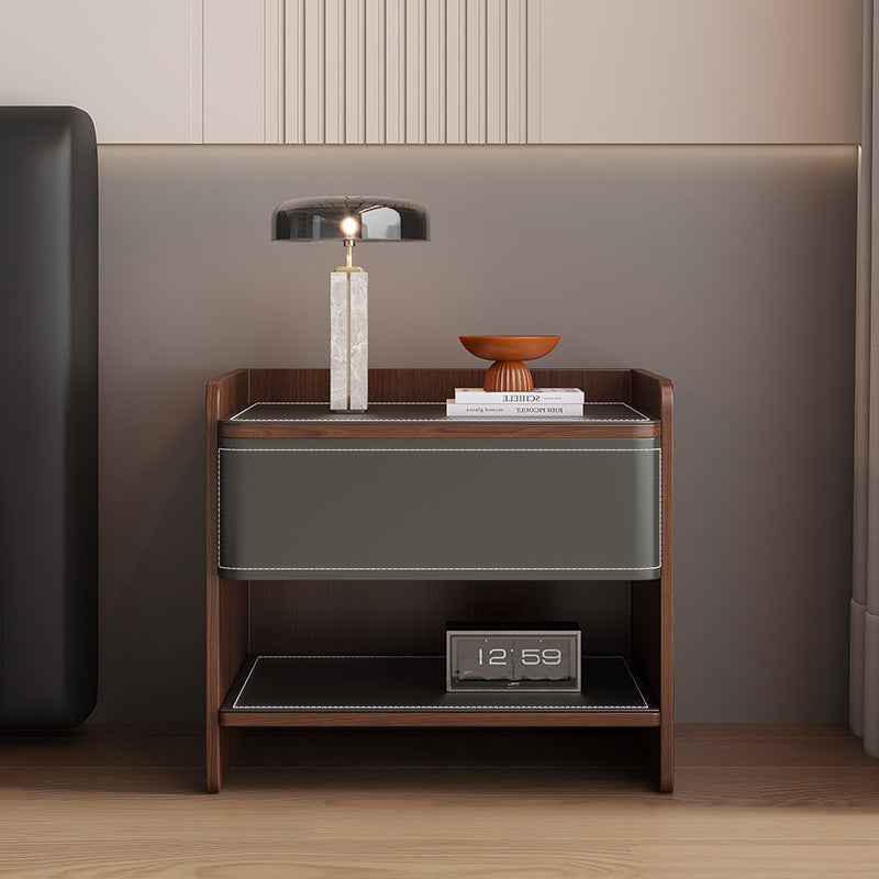 Contemporary Coastal Rectangular Solid Wood Saddle Leather Nightstand 1-Drawer For Bedroom