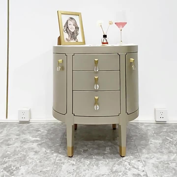 Modern Eclectic Oval Tabletop Solid Wood Medium Fiberboard Brass Nightstand 3-Drawer For Bedroom