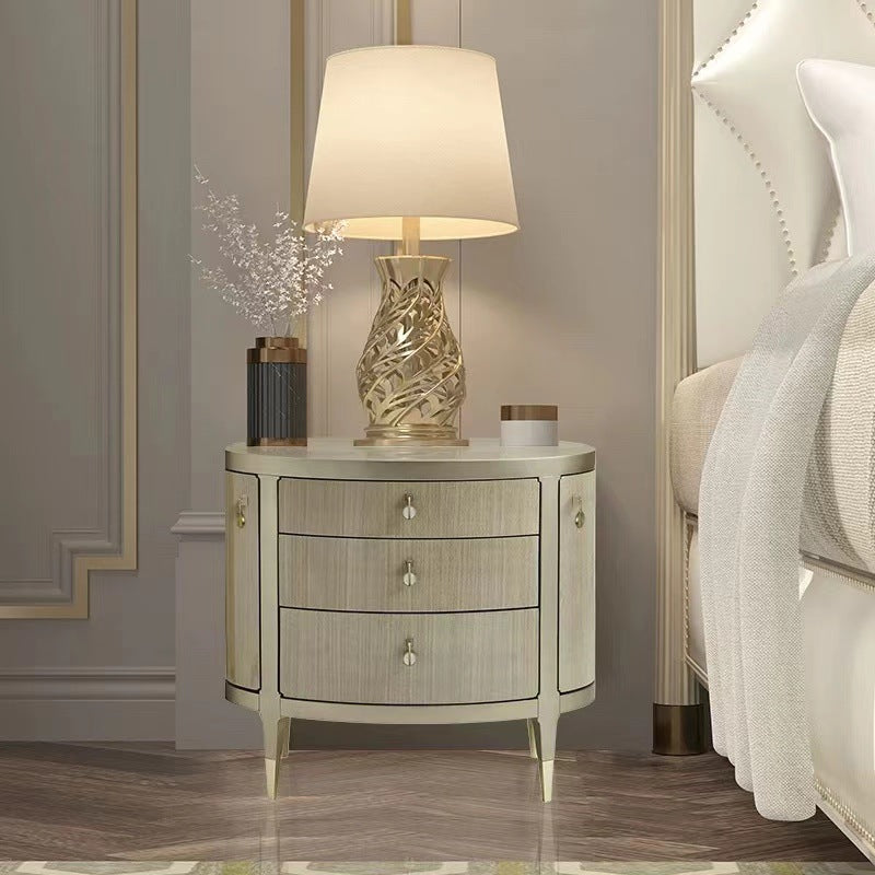 Modern Eclectic Oval Tabletop Solid Wood Medium Fiberboard Brass Nightstand 3-Drawer For Bedroom