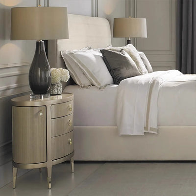 Modern Eclectic Oval Tabletop Solid Wood Medium Fiberboard Brass Nightstand 3-Drawer For Bedroom