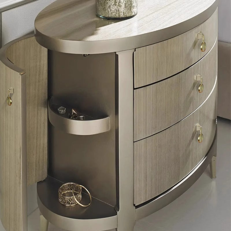 Modern Eclectic Oval Tabletop Solid Wood Medium Fiberboard Brass Nightstand 3-Drawer For Bedroom