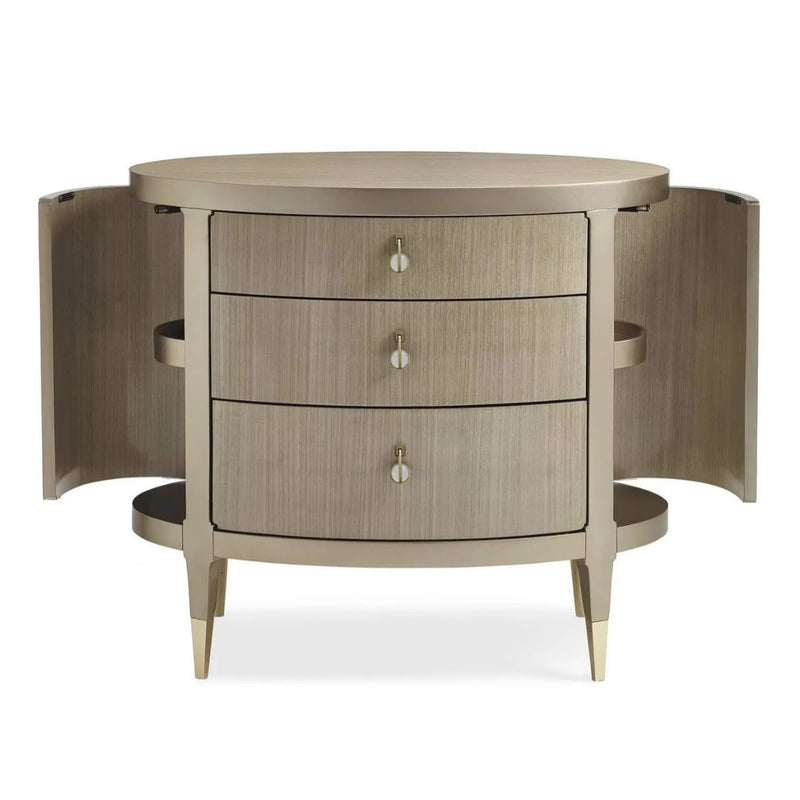 Modern Eclectic Oval Tabletop Solid Wood Medium Fiberboard Brass Nightstand 3-Drawer For Bedroom