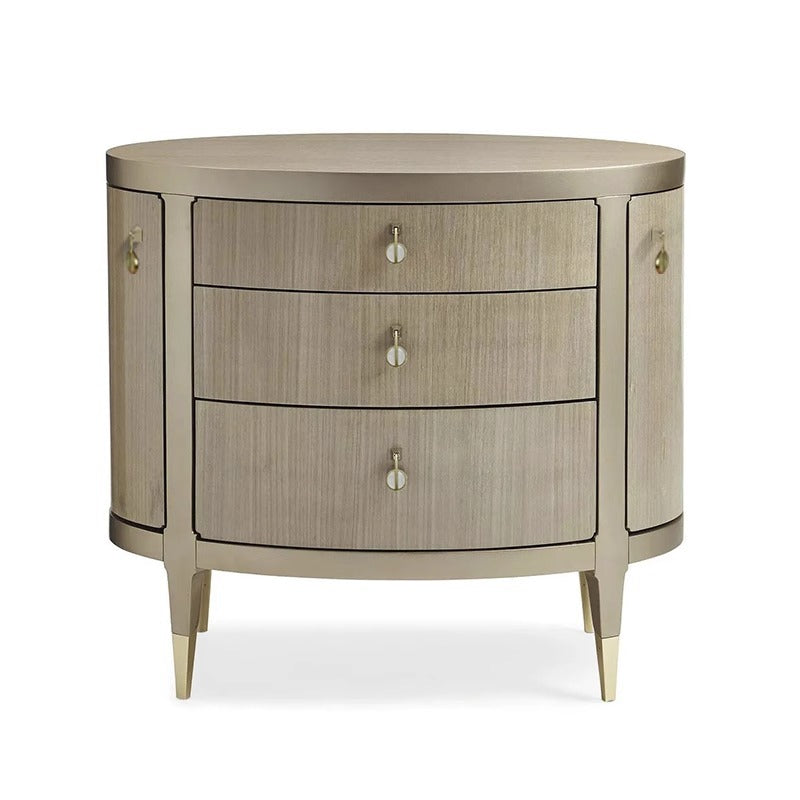 Modern Eclectic Oval Tabletop Solid Wood Medium Fiberboard Brass Nightstand 3-Drawer For Bedroom