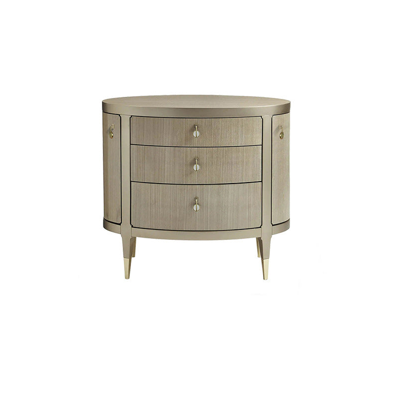 Modern Eclectic Oval Tabletop Solid Wood Medium Fiberboard Brass Nightstand 3-Drawer For Bedroom