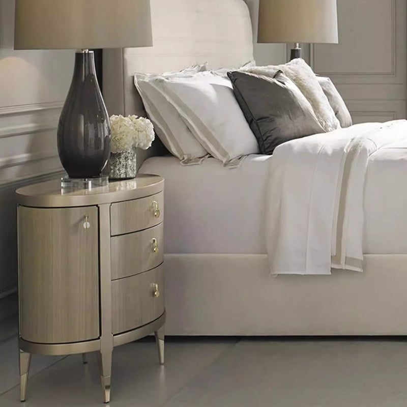 Modern Eclectic Oval Tabletop Solid Wood Medium Fiberboard Brass Nightstand 3-Drawer For Bedroom