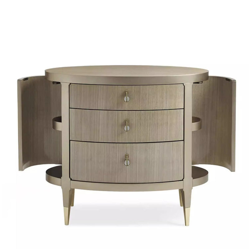 Modern Eclectic Oval Tabletop Solid Wood Medium Fiberboard Brass Nightstand 3-Drawer For Bedroom