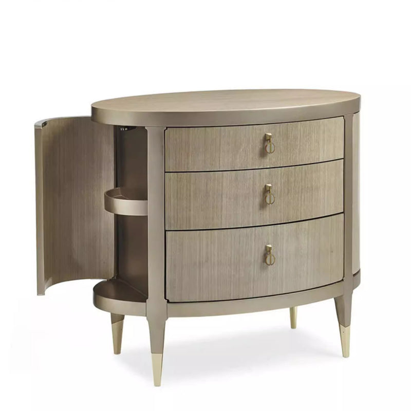 Modern Eclectic Oval Tabletop Solid Wood Medium Fiberboard Brass Nightstand 3-Drawer For Bedroom
