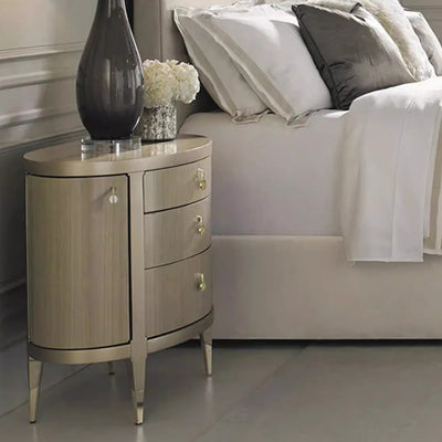 Modern Eclectic Oval Tabletop Solid Wood Medium Fiberboard Brass Nightstand 3-Drawer For Bedroom
