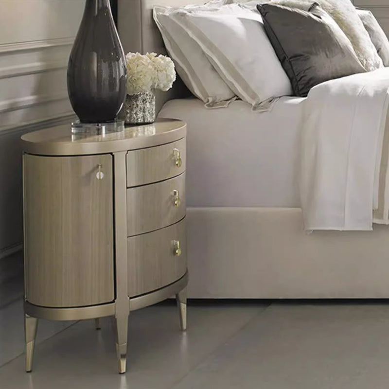 Modern Eclectic Oval Tabletop Solid Wood Medium Fiberboard Brass Nightstand 3-Drawer For Bedroom
