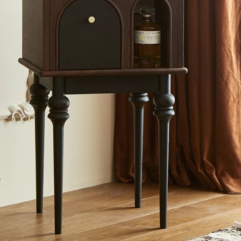Modern Mid-Century Solid Wood Black Side Table With Slim Legs 1-Cabinet For Living Room