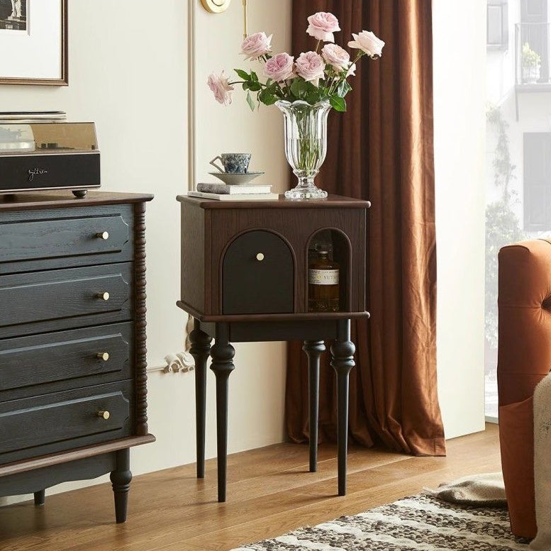 Modern Mid-Century Solid Wood Black Side Table With Slim Legs 1-Cabinet For Living Room