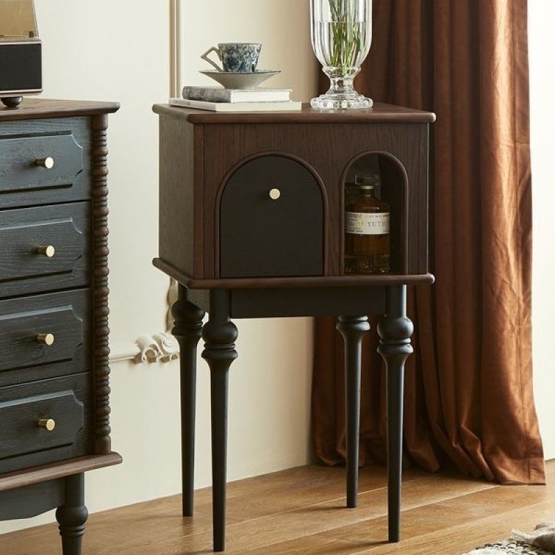 Modern Mid-Century Solid Wood Black Side Table With Slim Legs 1-Cabinet For Living Room