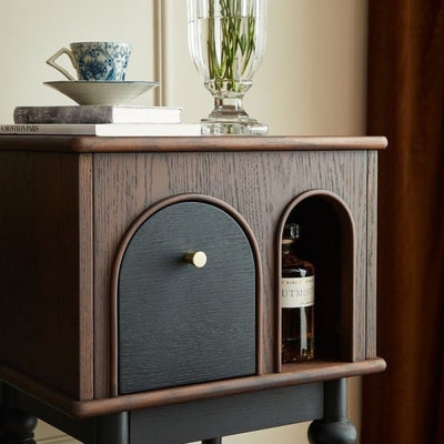 Modern Mid-Century Solid Wood Black Side Table With Slim Legs 1-Cabinet For Living Room