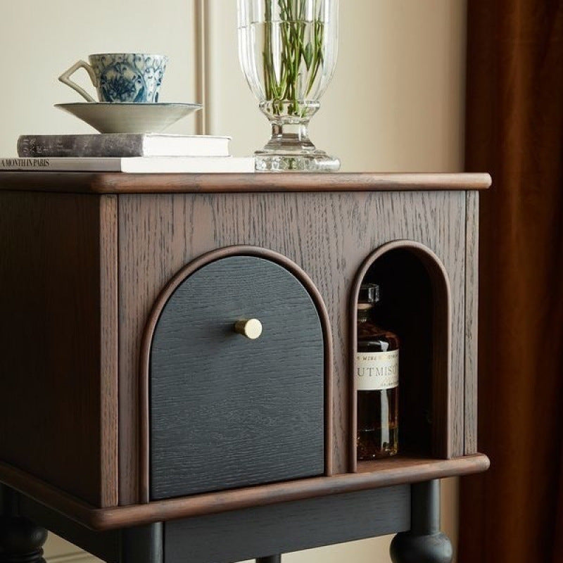 Modern Mid-Century Solid Wood Black Side Table With Slim Legs 1-Cabinet For Living Room