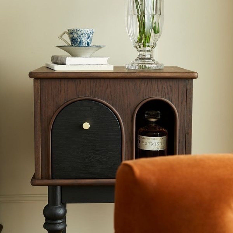 Modern Mid-Century Solid Wood Black Side Table With Slim Legs 1-Cabinet For Living Room