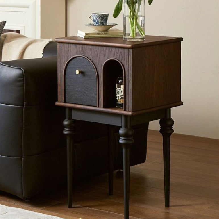 Modern Mid-Century Solid Wood Black Side Table With Slim Legs 1-Cabinet For Living Room