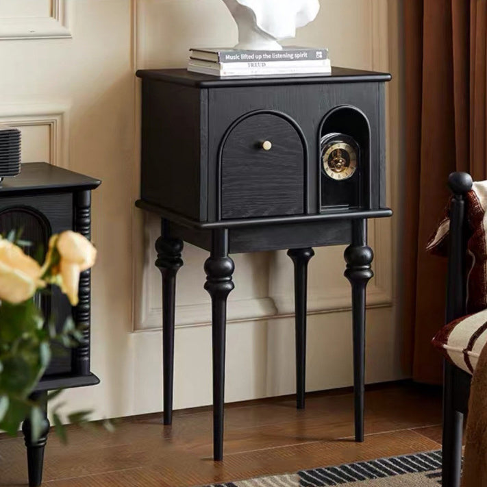 Modern Mid-Century Solid Wood Black Side Table With Slim Legs 1-Cabinet For Living Room