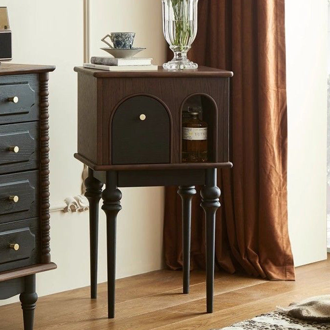Modern Mid-Century Solid Wood Black Side Table With Slim Legs 1-Cabinet For Living Room