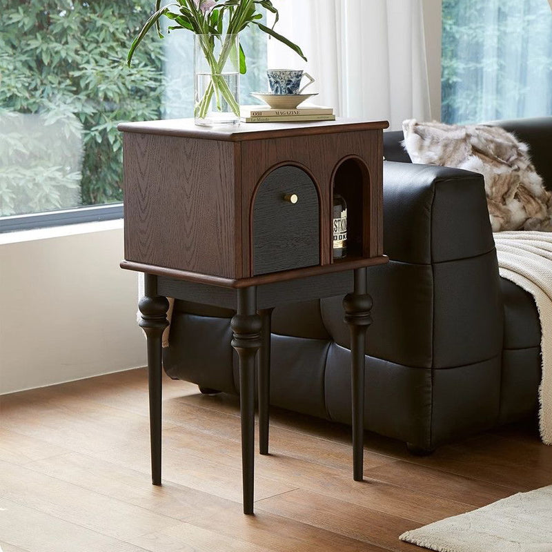 Modern Mid-Century Solid Wood Black Side Table With Slim Legs 1-Cabinet For Living Room