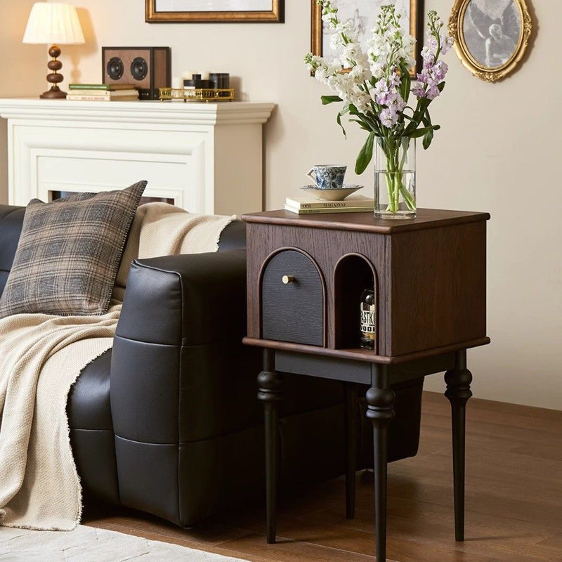 Modern Mid-Century Solid Wood Black Side Table With Slim Legs 1-Cabinet For Living Room