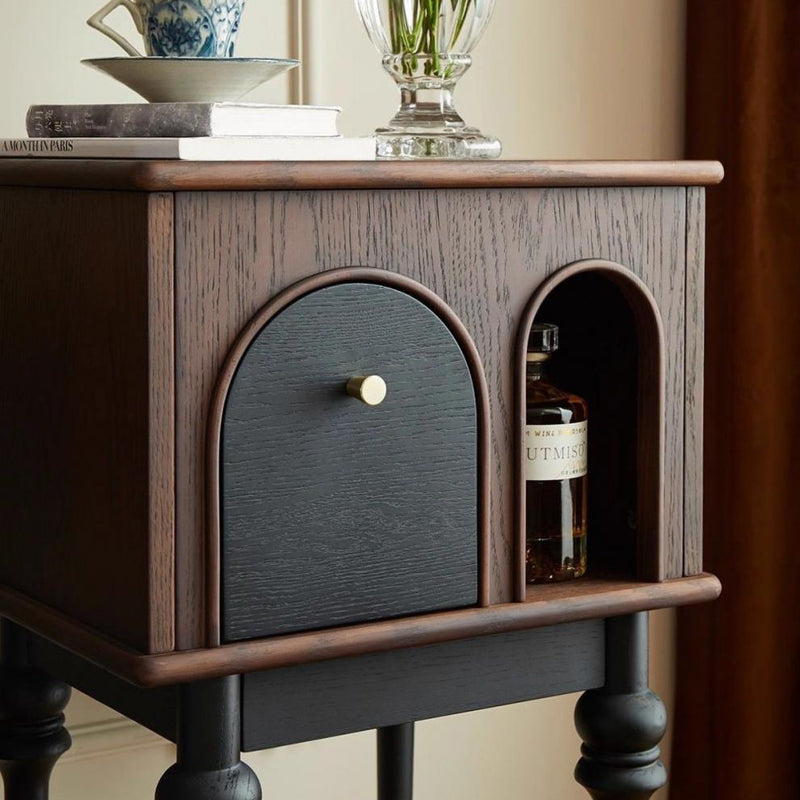 Modern Mid-Century Solid Wood Black Side Table With Slim Legs 1-Cabinet For Living Room