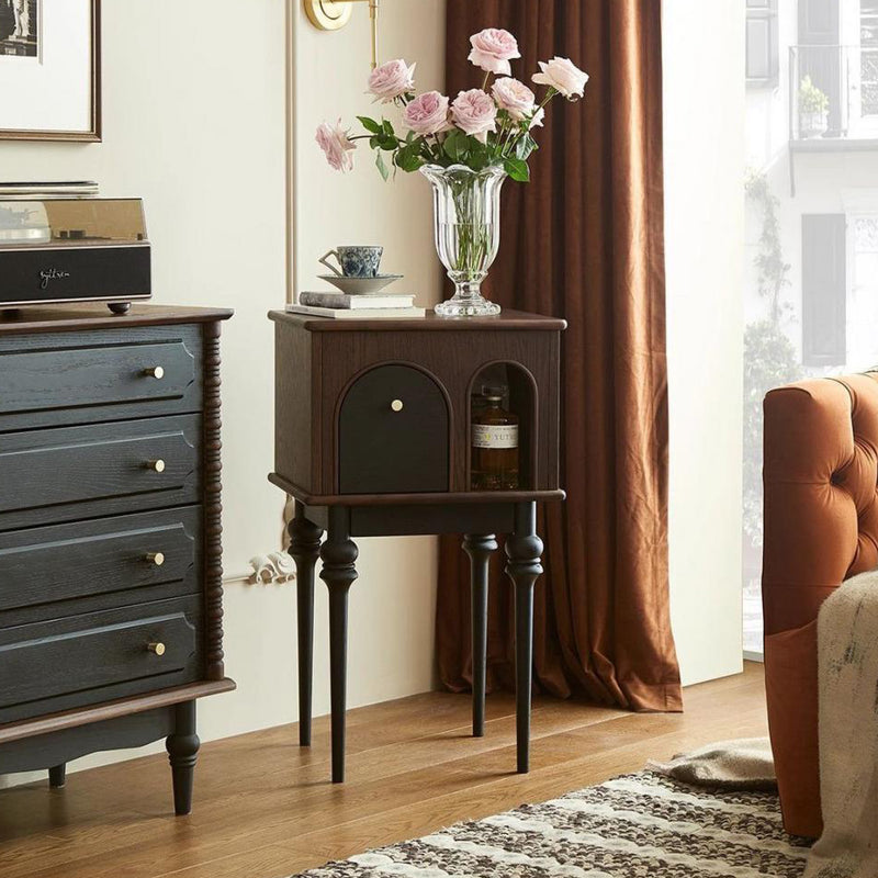 Modern Mid-Century Solid Wood Black Side Table With Slim Legs 1-Cabinet For Living Room