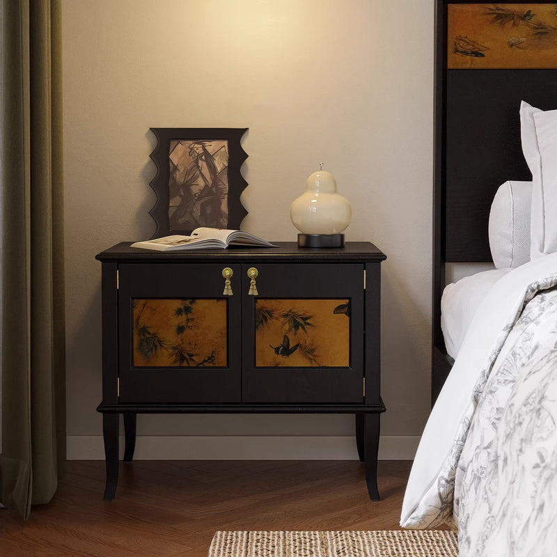Modern Mid-Century Rectangular Tabletop Silk Solid Wood Nightstand 1-Cabinet For Living Room