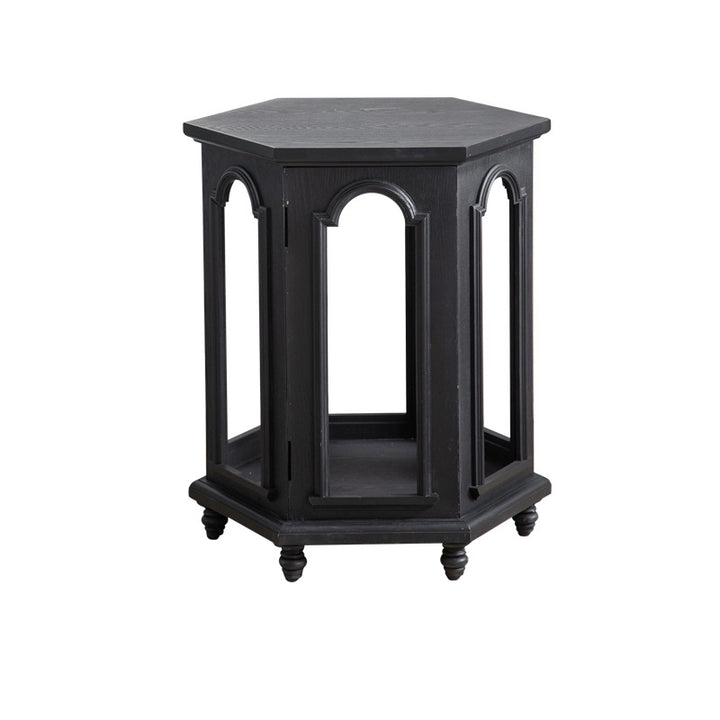 Mesa auxiliar moderna de estilo Mid-Century con diseño de arco calado, en MDF y madera de pino negra, con 1 compartimento de almacenamiento, para sala de estar 