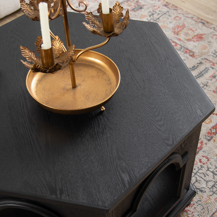 Mesa auxiliar moderna de estilo Mid-Century con diseño de arco calado, en MDF y madera de pino negra, con 1 compartimento de almacenamiento, para sala de estar 