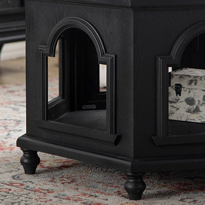 Mesa auxiliar moderna de estilo Mid-Century con diseño de arco calado, en MDF y madera de pino negra, con 1 compartimento de almacenamiento, para sala de estar 
