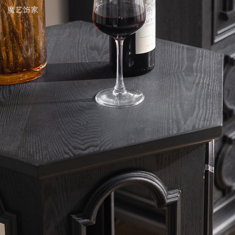 Mesa auxiliar moderna de estilo Mid-Century con diseño de arco calado, en MDF y madera de pino negra, con 1 compartimento de almacenamiento, para sala de estar 