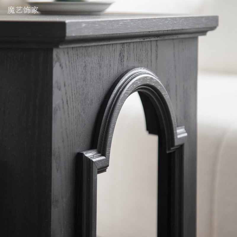 Mesa auxiliar moderna de estilo Mid-Century con diseño de arco calado, en MDF y madera de pino negra, con 1 compartimento de almacenamiento, para sala de estar 