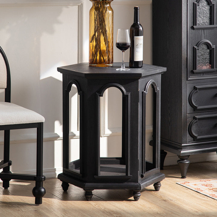 Mesa auxiliar moderna de estilo Mid-Century con diseño de arco calado, en MDF y madera de pino negra, con 1 compartimento de almacenamiento, para sala de estar 